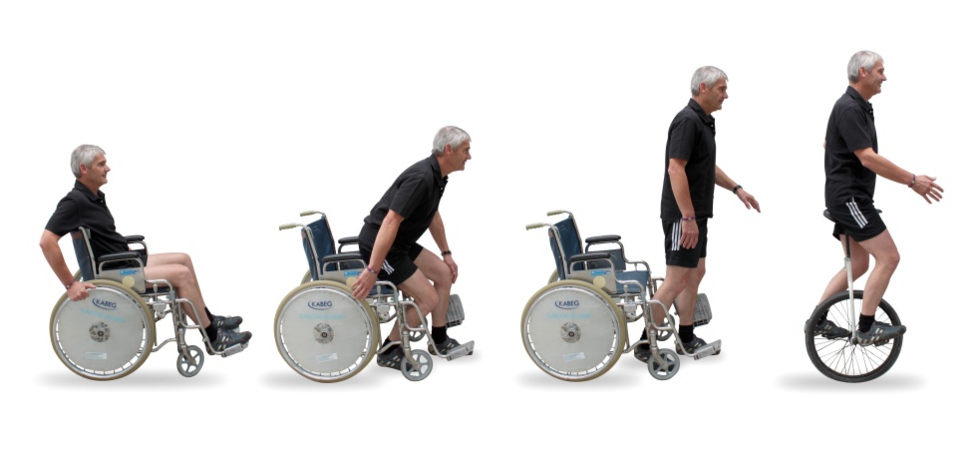 Gernot Morgenfurt auf vier Bildern nebeneinander: erst im Rollstuhl, dann aufstehend, dann stehend und am vierten Bild auf dem Einrad, Credit: G. Morgenfurt