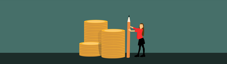 Grafik: Frau misst mit einem Bleistift Stapel von Münzen, Credit: mohamed_hassan, Pixabay