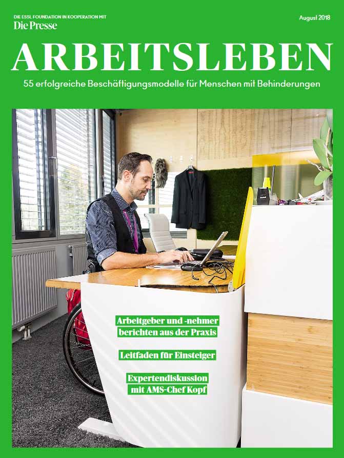Die Essl Foundation veröffentlichte in Kooperation mit der Tageszeitung Die Presse eine Beilage mit dem Titel "Arbeitsleben". Darin werden 55 erfolgreiche Beschäftigungsmodelle für Menschen mit Behinderungen vorgestellt.