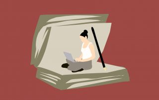 Illustration: Frau sitzt in einem aufgeklappten Buch und liest, Credit: Mohamed Hassan, Pixabay
