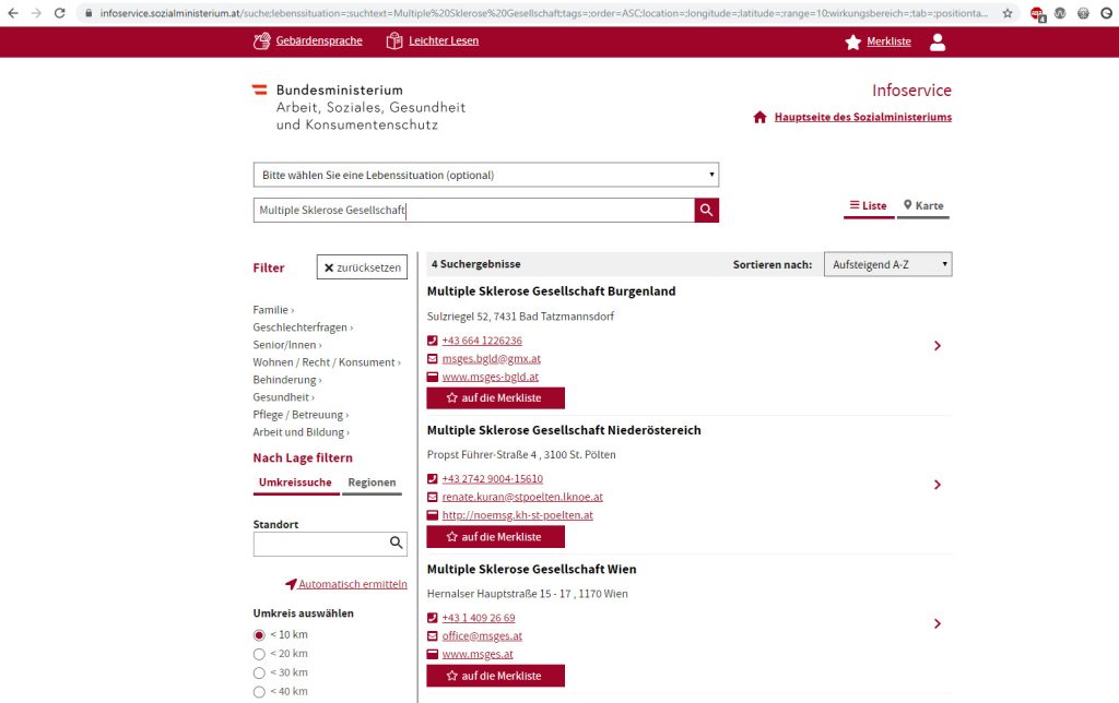 Screenshot www.infoservice.sozialministerium.at