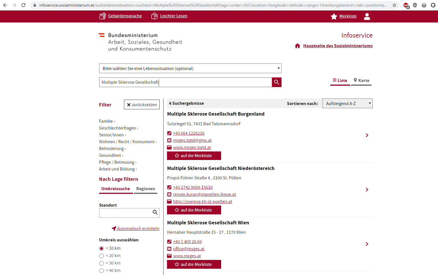 Screenshot www.infoservice.sozialministerium.at