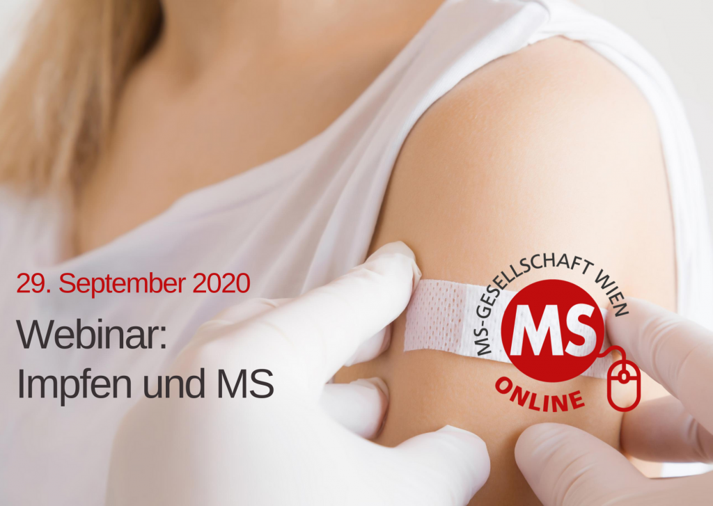 Bild: Nahaufnahme Frau mit Pflaster auf Arm, Text: 29. Seotember 2020, Webinar Impfen und MS, Credit: Canva