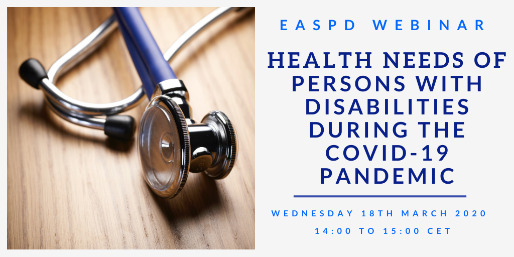 Bild mit Stethoskop, daneben Text: EASPD Webinar: Health needs of persons with disabilities during the COVID-19 pandemic