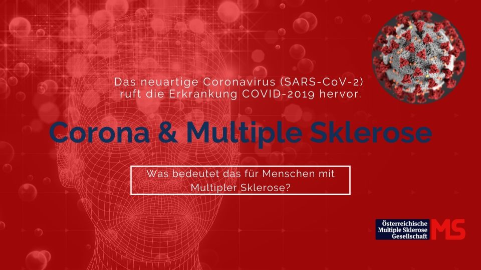 Bild mit rotem Hintergrund und Coronavirus. Text: Das neuartige Coronavirus (SARS-CoV-2) ruft die Erkrankung COVID-2019 hervor. Was bedeutet das für Menschen mit Multipler Sklerose?