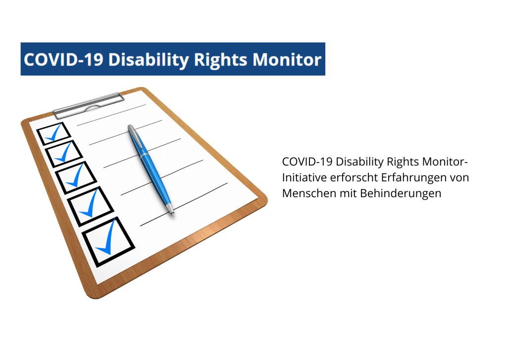 Illustration: Klemmboard mit Fragebogen, Text: COVID-19 Disability Rights Monitor-Initiative erforscht Erfahrungen von Menschen mit Behinderungen, Foto: 472301, Pixabay