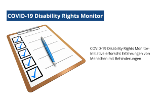 Illustration: Klemmboard mit Fragebogen, Text: COVID-19 Disability Rights Monitor-Initiative erforscht Erfahrungen von Menschen mit Behinderungen, Foto: 472301, Pixabay