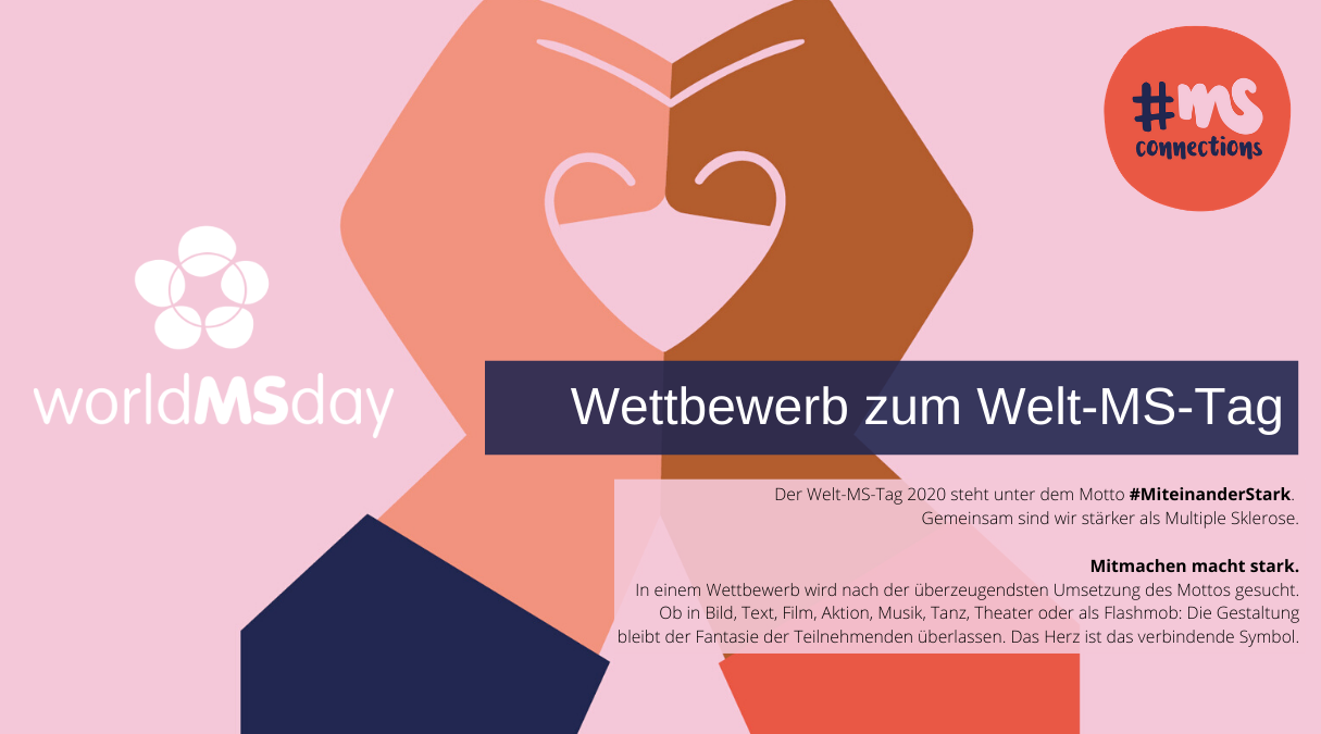 Illustration mit zu einem Herz geformten Händen. Text: Wettbewerb zum Welt-MS-Tag. Jetzt mitmachen!