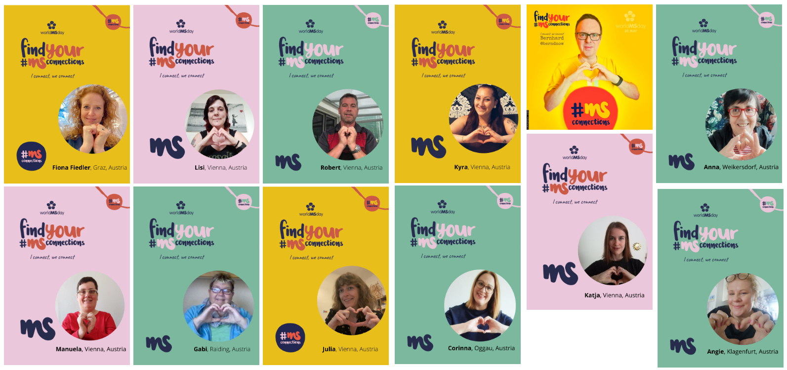 bunte Plakate mit Personen, die ihre Hände zu einem Herz formen, Text: find your MS Connections