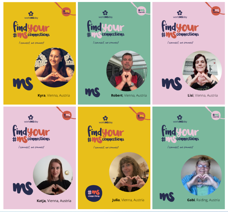 bunte Plakate mit Personen, die ihre Hände zu einem Herz formen, Text: find your MS Connections