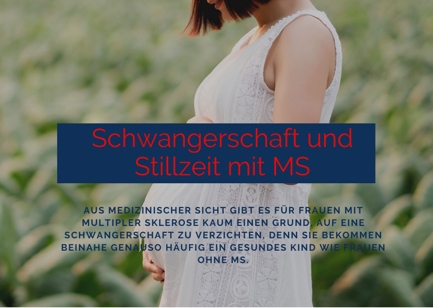 Bild: schwangere Frau in Wiese, Text: Schwangerschaft und Stillzeit mit MS