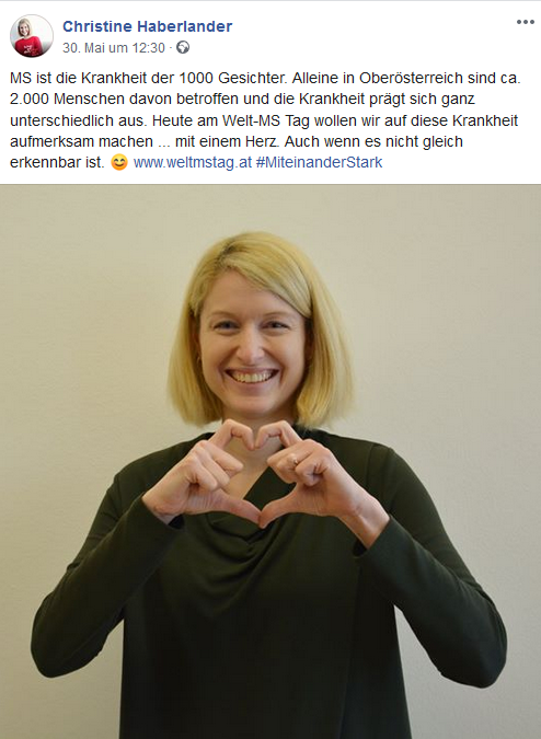 Die Oö Landeshauptmann-Stellvertreterin Christine Haberlander setzt ein Zeichen für Multiple Sklerose. Screenshot Facebook