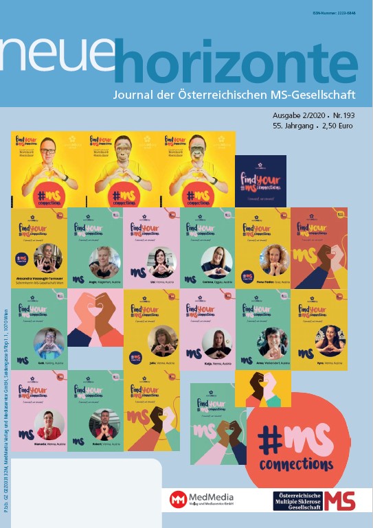 Neue Horizonte 2/2020, Journal der Österreichischen Multiple Sklerose Gesellschaft. Inhalt: Welt-MS-Tag 2020: #MiteinanderStark (von Kerstin Huber-Eibl), Welt-MS-Tag: Projekt MS-Awareness und -Fundraising an der FH Joanneum (von Katrin Jurkowitsch), „Österreichische Multiple Sklerose Bibliothek“ (ÖMSB), (von Kerstin Huber-Eibl), SHG Kunterbunt, „Carpe diem“ (von Prim. Dr. Wolfgang Kubik), Barrierefrei unterwegs im Gesäuse (von Mag. Karin Chladek), MS-Benefizwalk Bad Erlach (von Kerstin Huber-Eibl), Neuer Online-Auftritt der ÖMSG (von Kerstin HUber-Eibl), Promotion ohne Limit (von Kerstin Huber-Eibl), icompanion: App für Menschen mit Multipler Sklerose (von Kerstin HUber-Eibl), Mehr als 1 Mio. MS-Betroffene in Europa (von Kerstin Huber-Eibl), MS-Clubs und -Selbsthilfegruppen