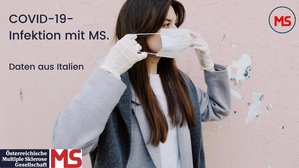 Bild: junge Frau mit Maske. Text: COVID-19-Infektion mit MS. Daten aus Italien. Credit: Canva
