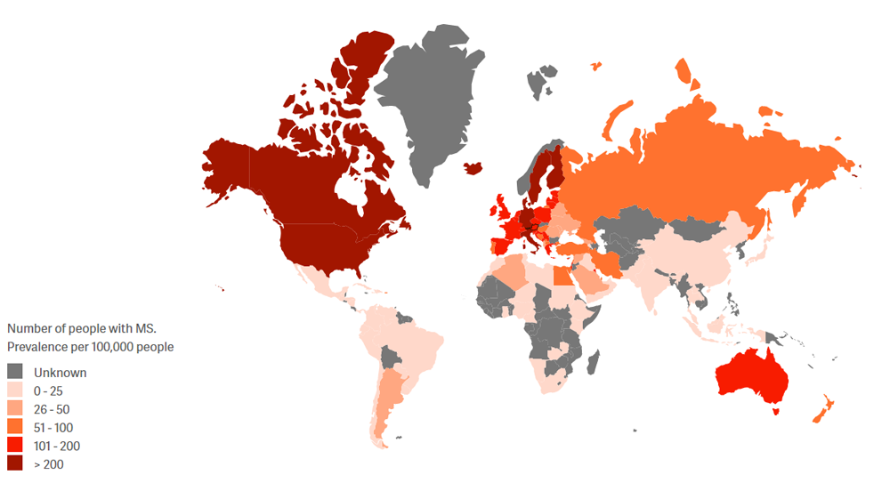 Weltweite Prävalenz der Multiplen Sklerose, Credit: Multiple Sclerosis Internationale Federation 