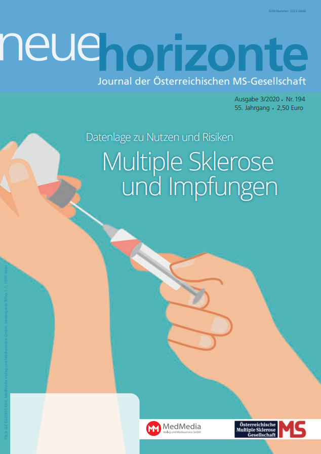 Neue Horizonte 3/2020, Journal der Österreichischen Multiple Sklerose Gesellschaft. Inhalt: Multiple Sklerose und Impfungen (Univ.-Prof. Dr. Barbara Kornek), Stigmatisierung und neurologische Störungen (Mag. Kerstin Huber-Eibl), Auf dem Pferderücken (Mag. karin Chladek), Risikogruppenregelung bis Jahresende verlängert (Mag. Kerstin Huber-Eibl), Reha Radkersburg, Studie zu Covid-19-Infektion mit MS (Dr. Christine Gradl), Herausforderungen des Elternseins mit der Diagnose MS, 35 Jahre MS-Regionalclub Kirchdorf