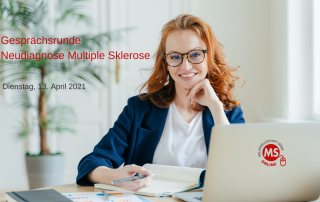 junge Frau vor PC. Text: Gesprächsrunde Neudiagnose Multiple Sklerose. Credit: Canva
