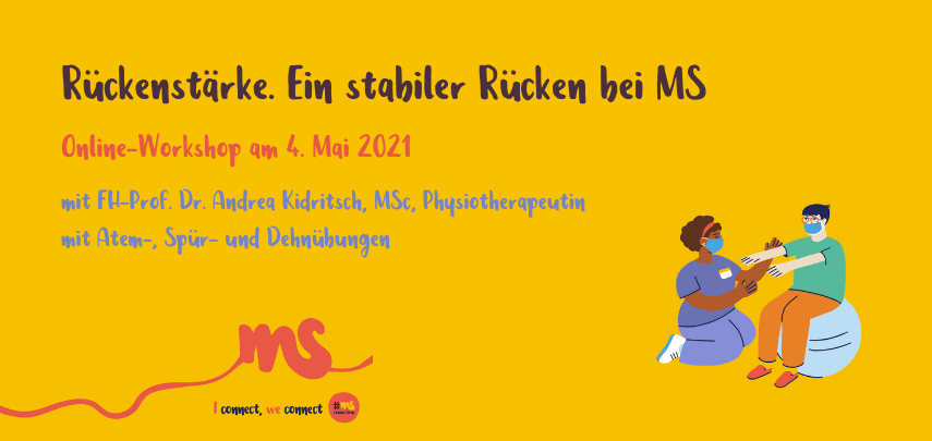 gelber Hintergrund, Mann sitzt auf Ball, Physiotherapeutin kniet daneben. Text: Online-Workshop: Rückenstärke. Ein stabiler Rücken bei Multipler Sklerose