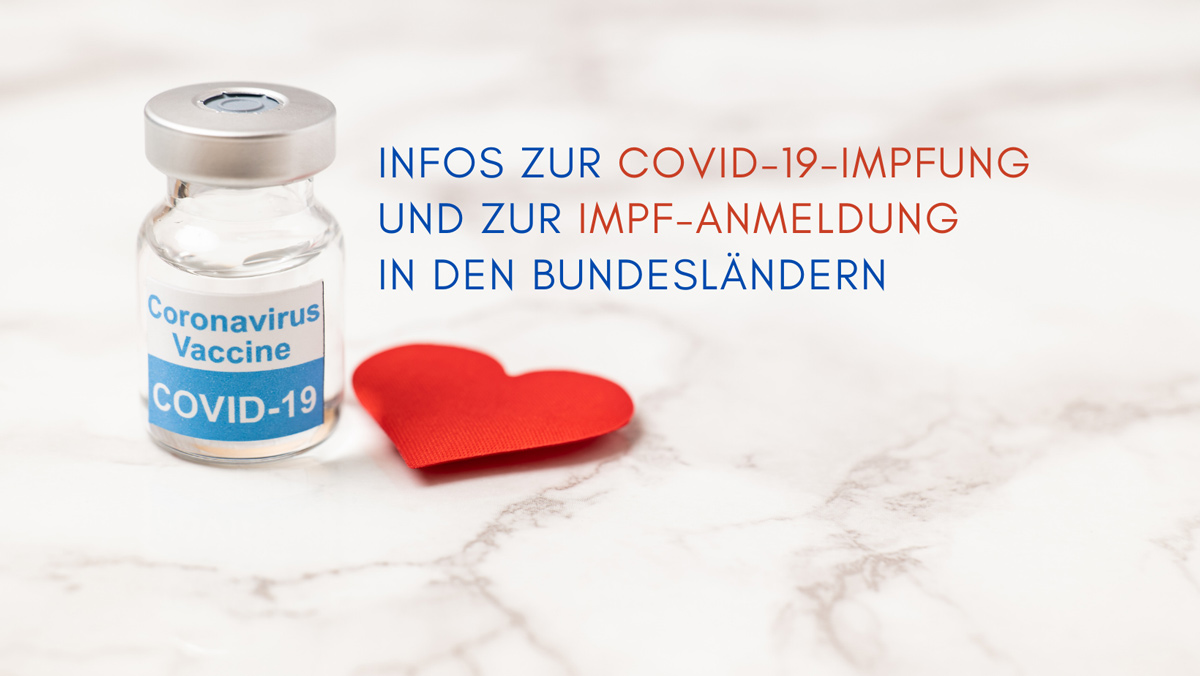 Covid-19-Impfung und Text: Infos zur COVID-19-Impfung und ZUR IMPF-Anmeldung in den Bundesländern. Credit: Canva
