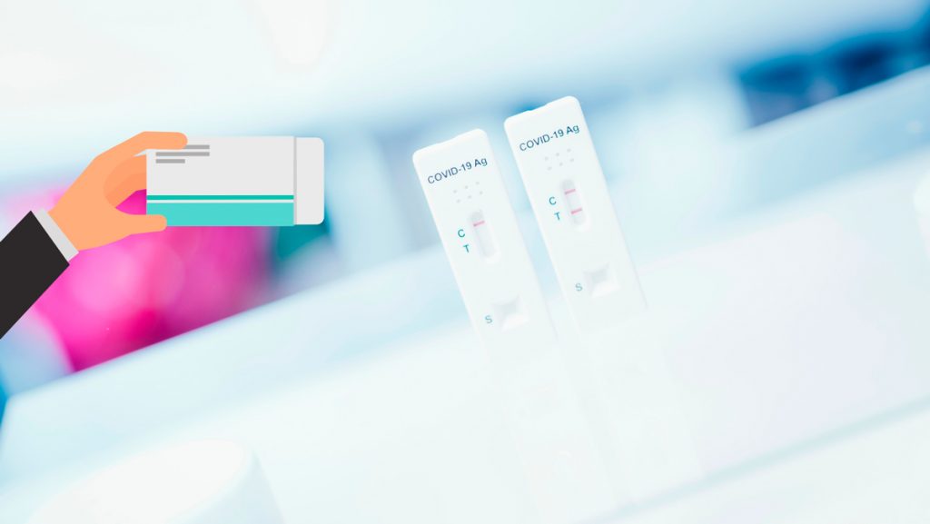 Illustration: Covid-19-Antigen-Schnelltest und Medikamentenschachtel, Credit: Canva