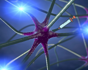 3D-Illustration von Nervenzellen, darüber eine Spritze, Credit: Canva