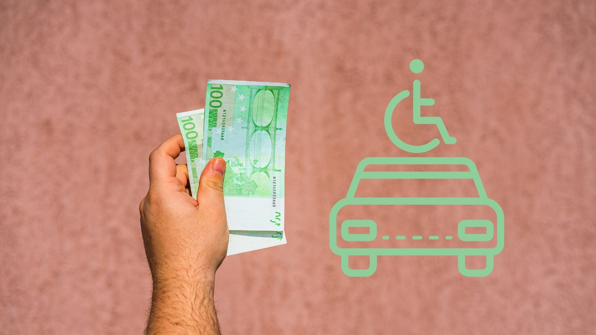 männliche Hand hält 200 Euro, daneben Illustration Auto, darüber Mensch im Rollstuhl, Credit: Canva