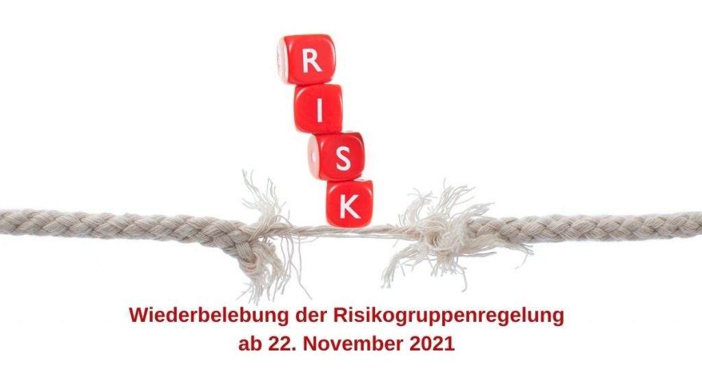 beinahe zerrissenes Steil, Würfel symbolisieren das Wort 'RISK', Text: Wiederbelebung der Risikogruppenregelung ab 22. November 2021, Credit: Canva